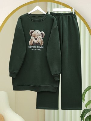 Podyumplus Haki Ayıcık Baskılı Şardonlu İplik Sweat Takım