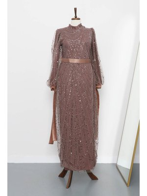İmaj Butik Vizon Boncuklu Payetli Kemerli Abiye Elbise