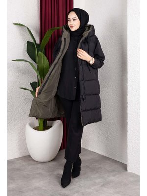 Misskayle Çift Taraflı Kapüşonlu Haki Şişme Yelek