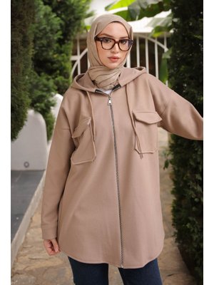 İmaj Butik Vizon Kapüşonlu Fermuarlı Kaşe Ceket