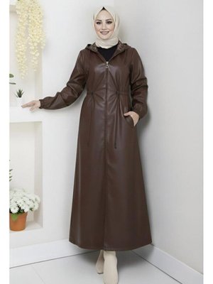 Harmatime butik Kapüşonlu Fermuarlı İçi Şardonlu Kahverengi Deri Kap