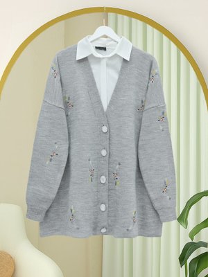 Podyumplus Gri Çiçek Nakışlı Parlak Düğmeli Triko Hırka