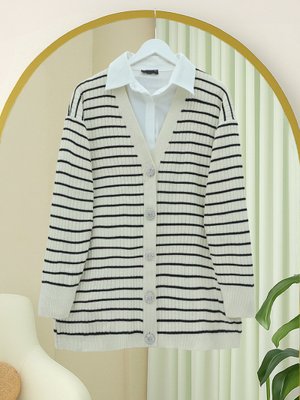 Podyumplus Krem Taş Detaylı Düğmeli Triko Hırka