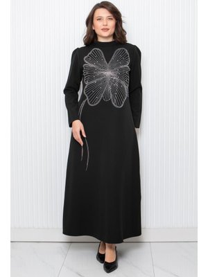 FAHİMA Siyah Taş Baskı Detaylı Abiye