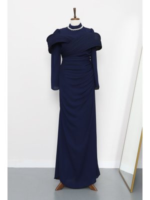 İmaj Butik Lacivert Yakası Taş Detaylı Omuzu Kat Drapeli Abiye Elbise