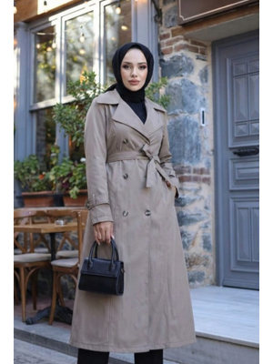 Harmatime butik İçi Astarlı Kuşaklı Düğmeli Bej Bondit Trençkot