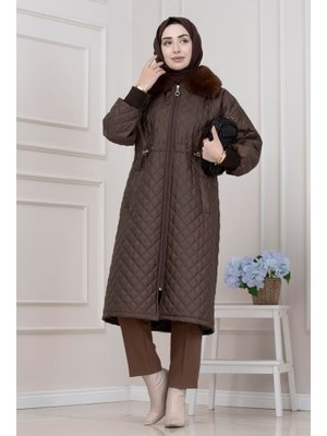 Sevitli Kahverengi Yakası Kürklü Capitone Mont