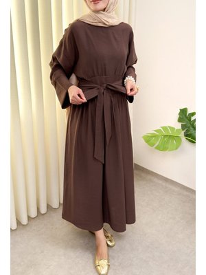 Salih Çelebi Kahverengi Yüksek Bel Kuşak Bağlamalı Elbise