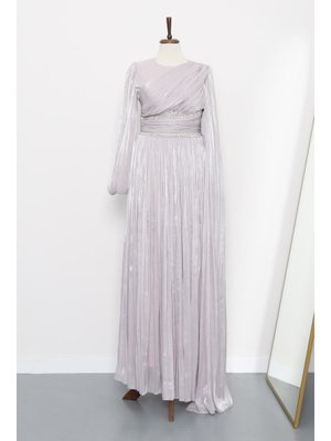 İmaj Butik Gri Bel Büzgülü Taşlı Abiye Elbise