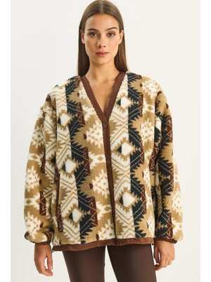 Bianco Lucci Kahverengi Bej Etnik Desenli Astarlı Cep Detaylı Çıtçıt Kapamalı Peluş Mont