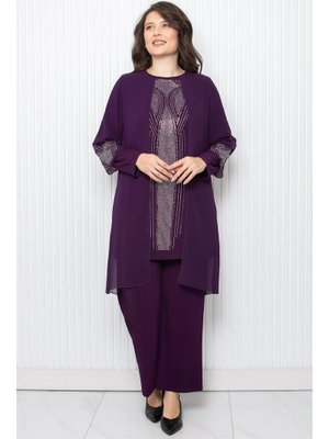 FAHİMA Mor Taş Baskı Detaylı İkili Takım