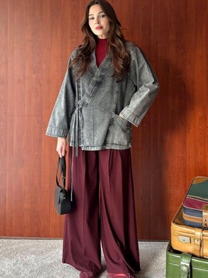 Ceylan Otantik Bordo Pile Detay Palazzo Pantolon