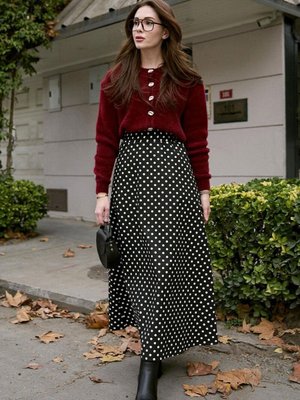 Ceylan Otantik Siyah Puantiyeli Keten Kloş Etek