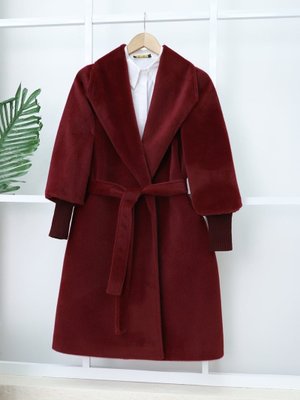 Podyumplus Bordo Kolu Ribanalı Şal Yaka Astarlı Kaşe Kaban