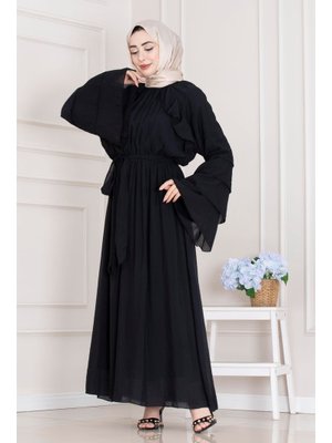 Sevitli Siyah Fırfır Detaylı Lora Elbise