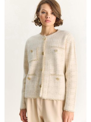 Bianco Lucci Ekru Gold Simli Vintage Düğmeli Yumuşak Dokulu Hırka