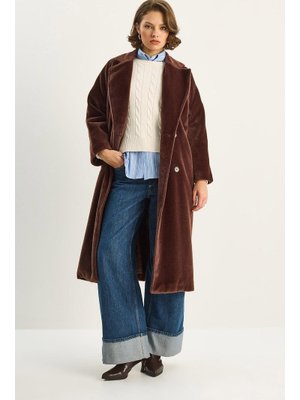 Bianco Lucci Kahverengi Sakallı Yumuşak Dokulu Kruvaze Yaka Astarlı Cep Detaylı Kuşaklı Kaban