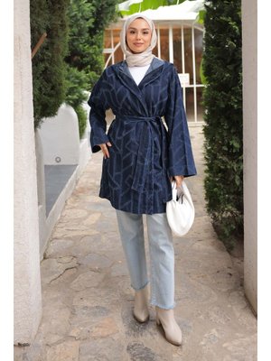 İmaj Butik Lacivert Kapüşonlu Lazer Kesim Kot Ceket