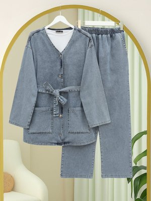 Podyumplus Buz Mavi Önü Düğmeli Çift Cepli Kuşaklı Kot Takım