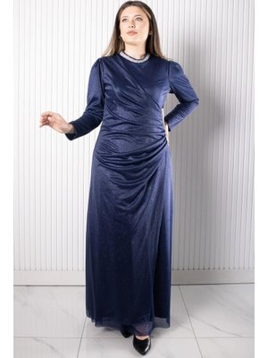 FAHİMA Lacivert Taş Baskılı Simli Tül Abiye Elbise