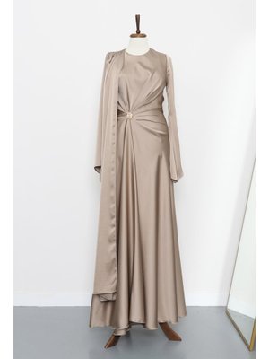 İmaj Butik Vizon Önü Pelerinli Drapeli Saten Abiye Elbise