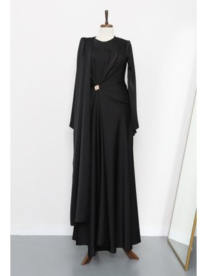 İmaj Butik Siyah Önü Pelerinli Drapeli Saten Abiye Elbise