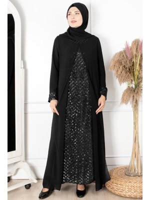 FAHİMA Siyah Pelerinli Payet Detaylı Abiye