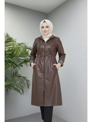 Harmatime butik Fermuarlı Kapüşonlu İçi Şardonlu Deri Kahverengi Kap