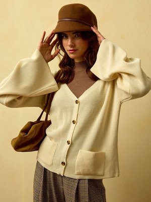 Ceylan Otantik Krem İspanyol Kol Triko Hırka