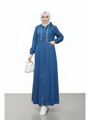 Harmatime butik Kapüşonlu, Fermuarlı Ve Cepli Koyu Kot Mavi Kap