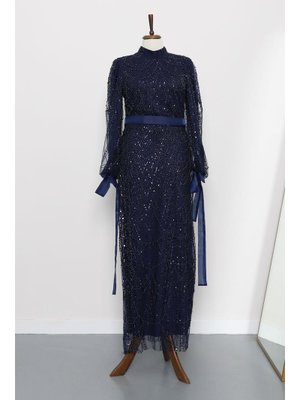 İmaj Butik Lacivert Boncuklu Payetli Kemerli Abiye Elbise
