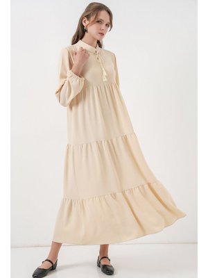 Bigdart Krem Yaka Bağcıklı Elbise
