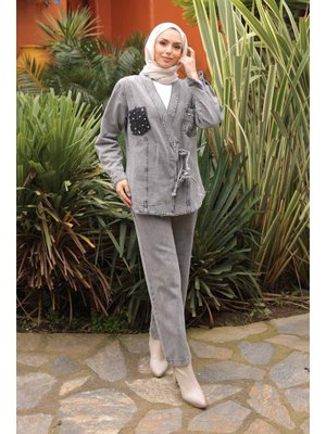 İmaj Butik Füme Taş İşlemeli Ceket Pantolonlu Kot Takım