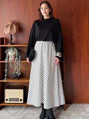 Ceylan Otantik Beyaz Siyah Puantiyeli Keten Kloş Etek