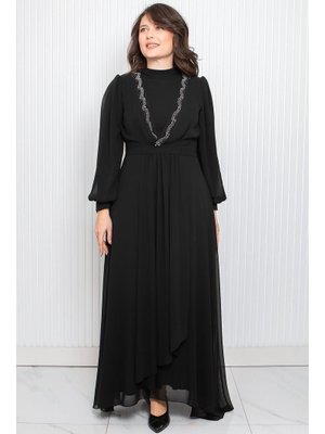 FAHİMA Siyah Taş Baskı Detaylı Şifon Abiye