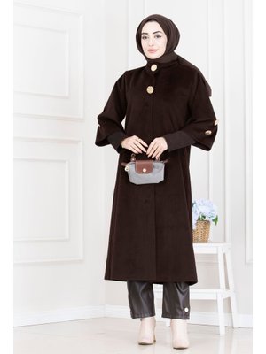 Sevitli Acı Kahve Hakim Yaka Broş Düğme Detaylı Kaban