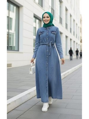 Harmatime butik Boncuk İşlemeli Düğmeli Kuşaklı Kot Mavi Elbise