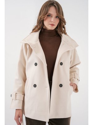 Bigdart Ekru Kuşaklı Kaşe Kaban