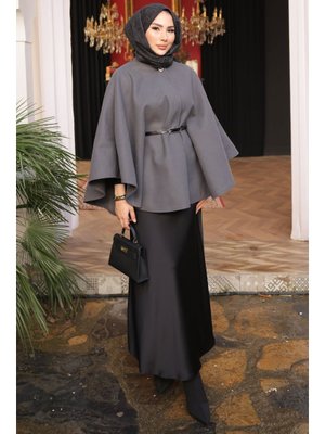 İmaj Butik Füme Kemerli Kaşe Panço