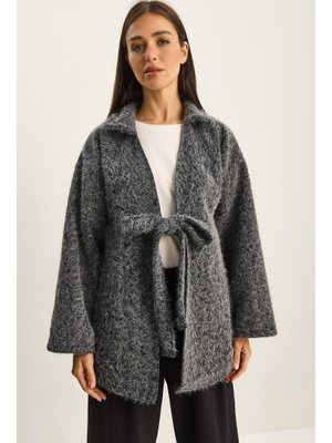 Bianco Lucci Gri Gömlek Yaka Bağlama Detaylı Kırçıllı Kaşe Kaban