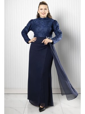 FAHİMA Lacivert Dantel Şifon Abiye Elbise