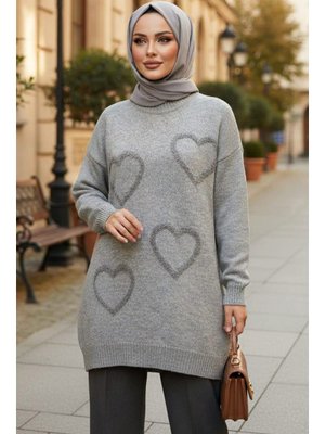 Neva Style Kalp Desenli Gri Triko Kazak 8802gr