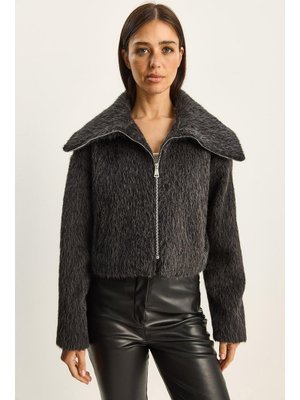 Bianco Lucci Antrasit Geniş Yakalı Cep Detaylı Astarlı Şardonlu Kaşe Crop Kaban