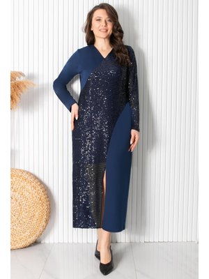 FAHİMA Lacivert Pul Payet Detaylı Abiye Elbise