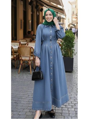 Harmatime butik Beli Büzgülü Düğmeli Kot Mavi Elbise