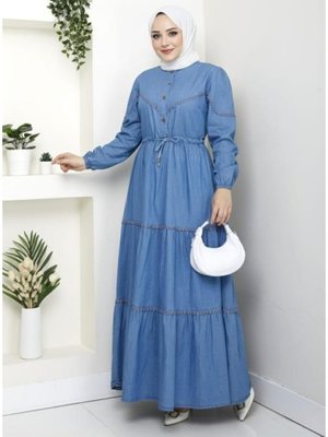 Harmatime butik Dantel Detaylı Düğmeli Ve Bağcıklı Açık Kot Mavi Elbise