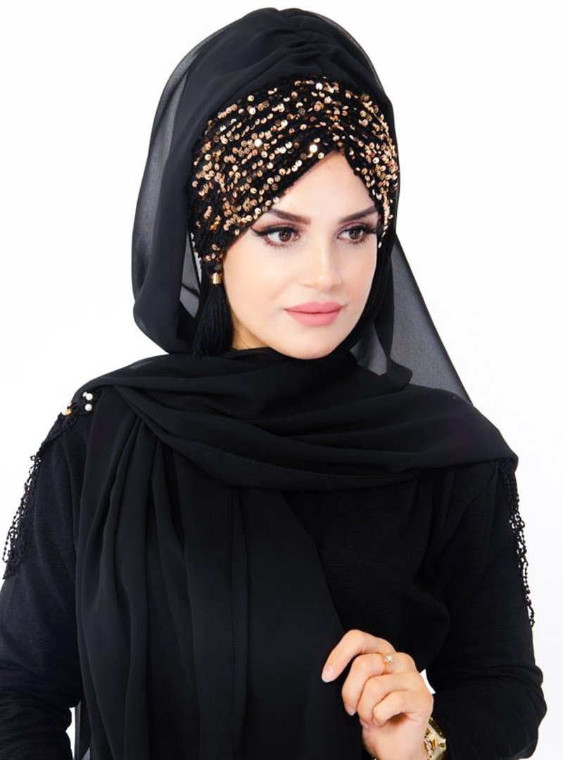 AİŞE TESETTÜR Siyah Büzgülü Bandana Gold Payetli Şal