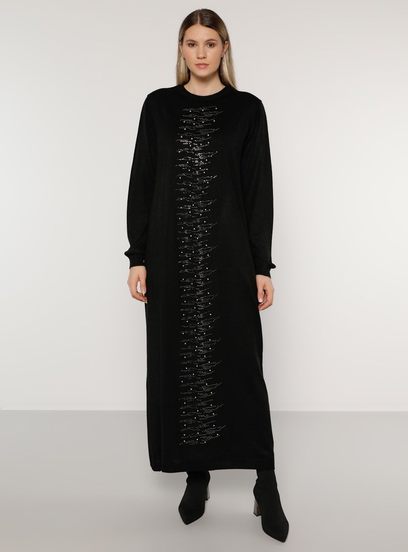 Alia Siyah İnci Detaylı Triko Elbise