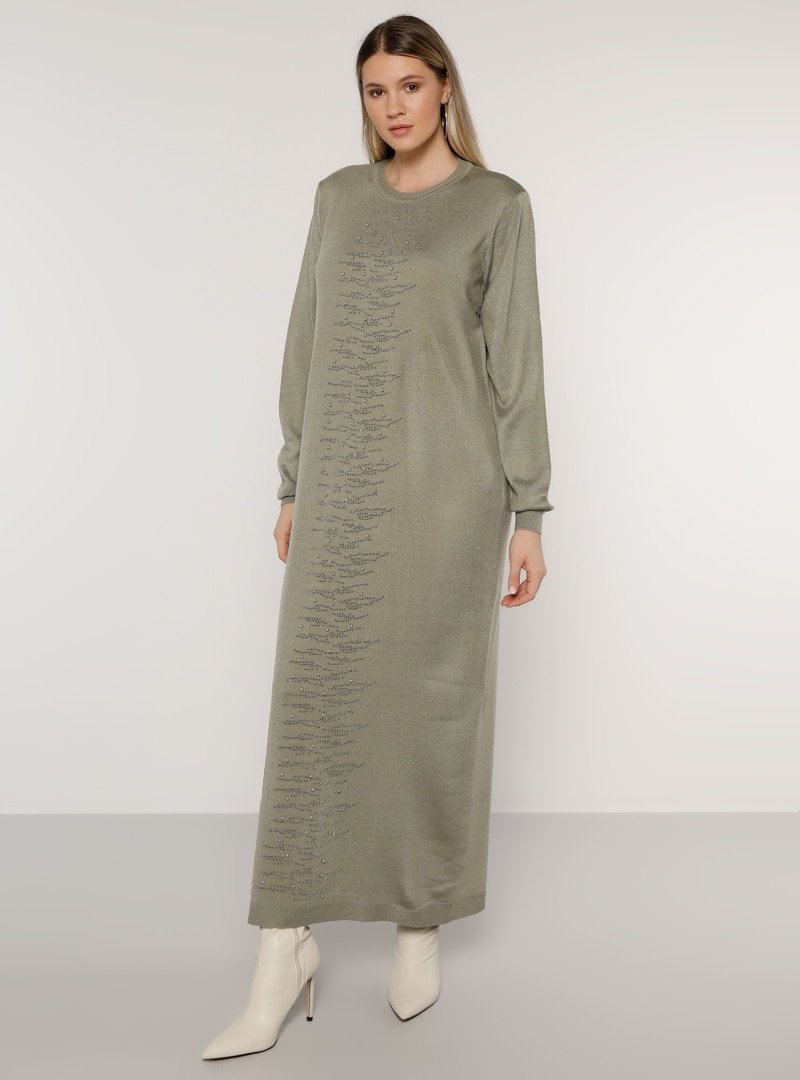 Alia Yağ Yeşili İnci Detaylı Triko Elbise