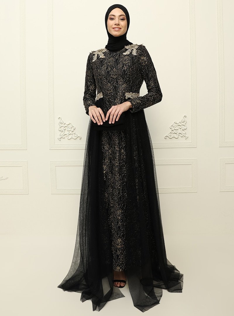 AYŞE MELEK TASARIM Siyah Dantel Detaylı Güpürlü Abiye Elbise